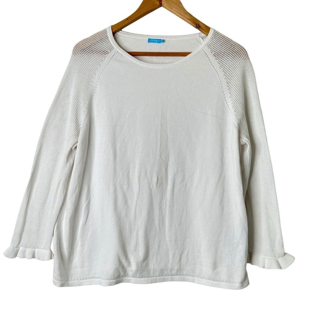 J.McLaughlin Sweater Women's L White Knit Lightweight Pullover Ruffle Sleeves